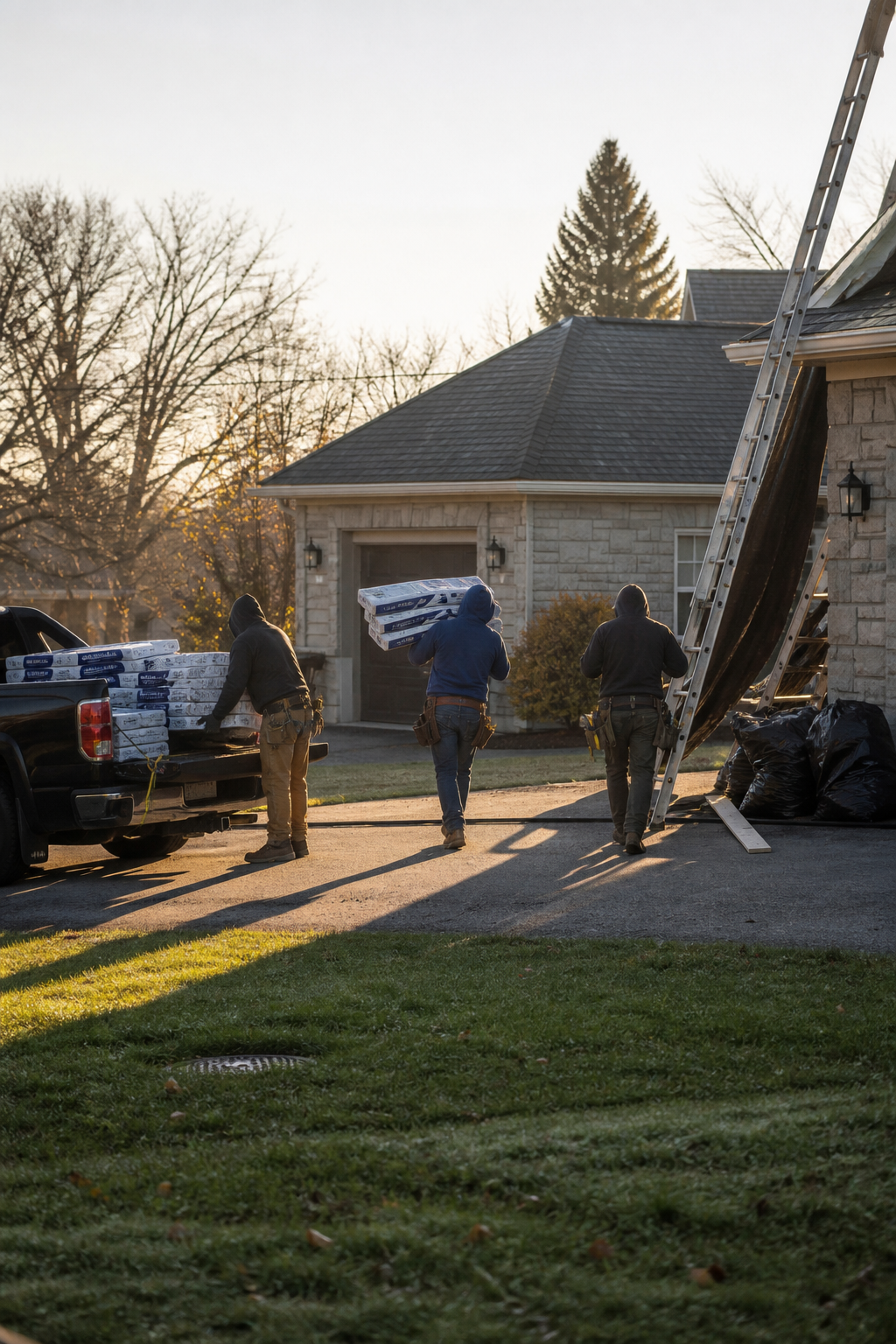 Roofing crew unloading materials at a job site