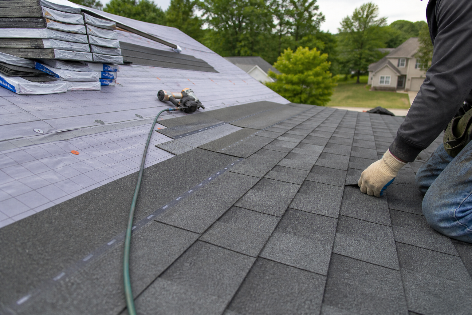 New asphalt shingle roof installation in progress