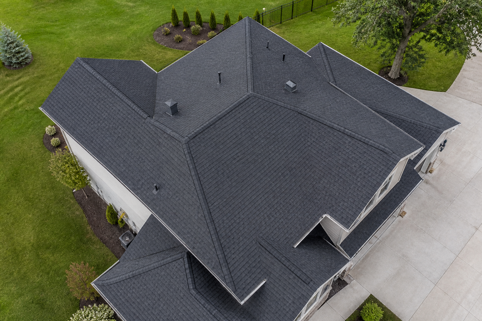 Completed shingle roof on a residential home, view 3